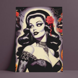 Retro Halloween Goth Pin-up Vykort