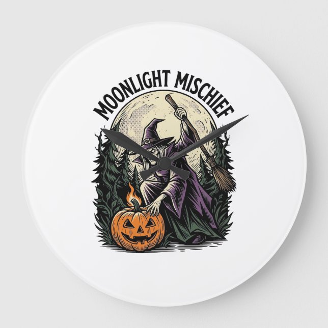 Retro Halloween-häxa månadsbelysning bus Grafik Stor Klocka (Framsida)