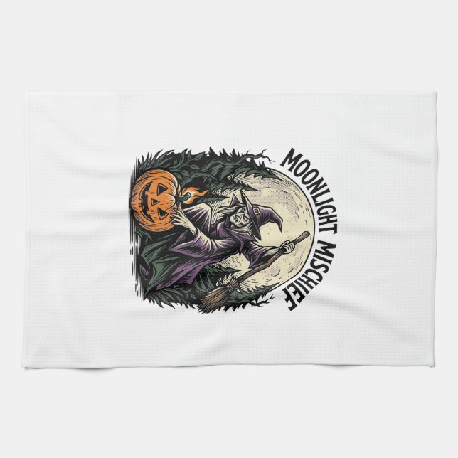 Retro Halloween-häxa månadsbelyst bus Grafik Kökshandduk (Horisontell)