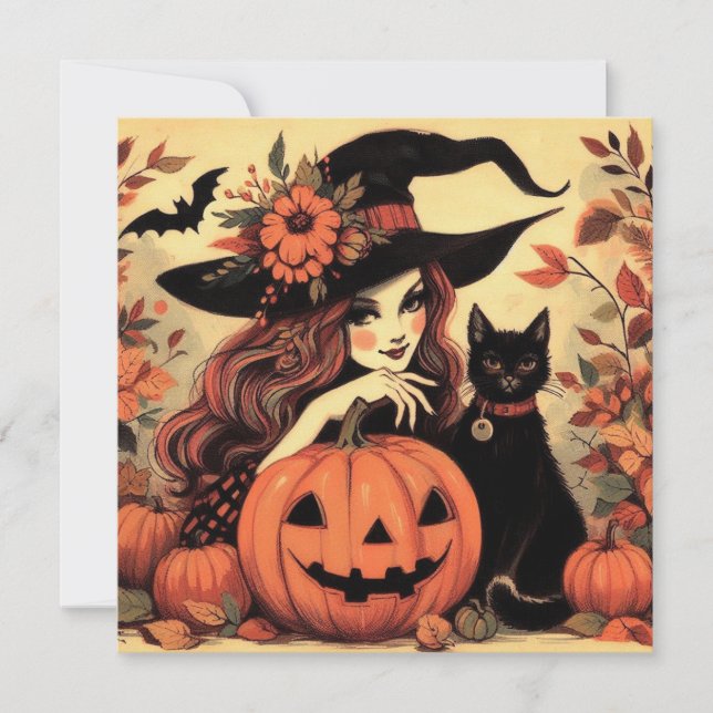 Retro Halloween Häxa med Katt Platt Greeting Card Kort (Framsida)