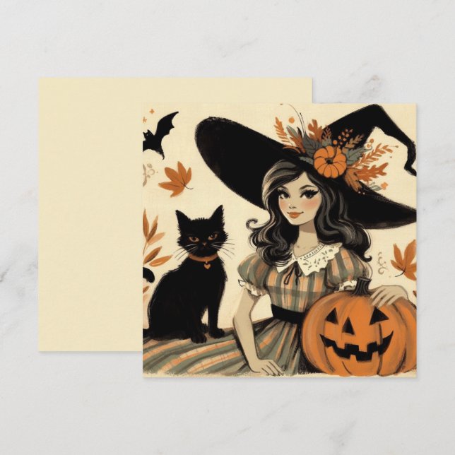 Retro Halloween-häxa och svart katt Söt Kort (Fram/baksida)
