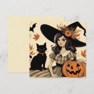 Retro Halloween-häxa och svart katt Söt Kort