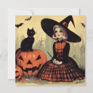Retro Halloween-häxa och svart katt söt Kort