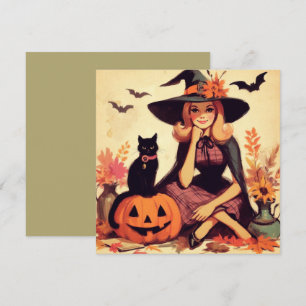 Retro Halloween-häxa och svart platt gratulationsk Kort