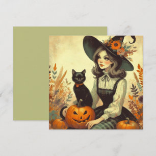 Retro Halloween-häxa och svart platt gratulationsk Kort