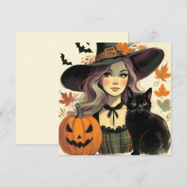 Retro Halloween-häxa och svart platt gratulationsk Kort (Fram/baksida)