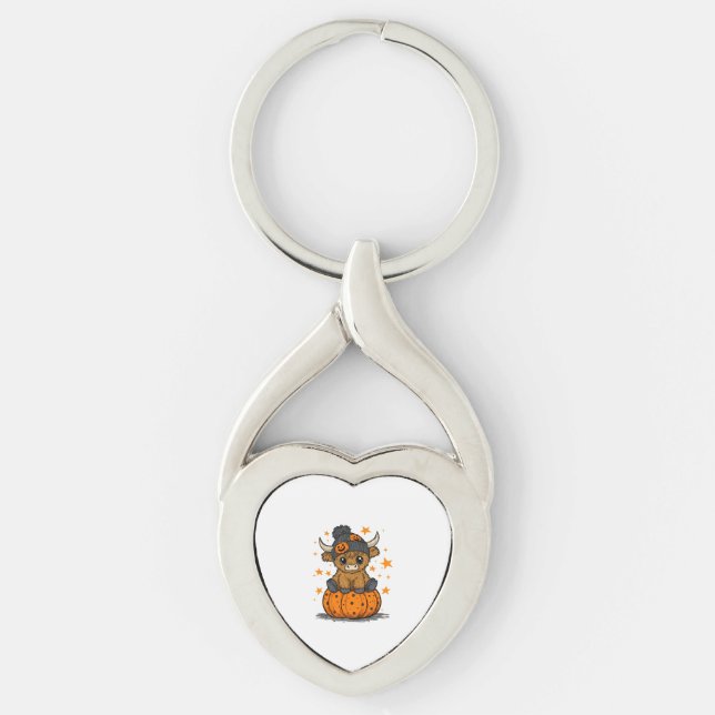 Retro Halloween Highland Cow Twisted Heart Silverfärgad Nyckelring (Framsidan)