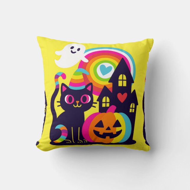 Retro Halloween Kawaii Black Cat, Pumpkin-design Kudde (Framsida)