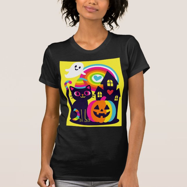 Retro Halloween Kawaii Black Cat, Pumpkin-design T Shirt (Framsida)
