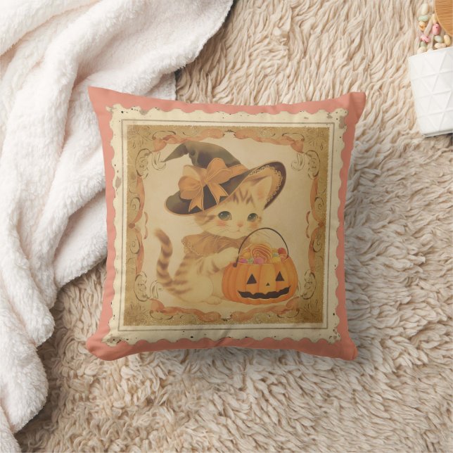 Retro Halloween Kitten Pillow Kudde (Filt)