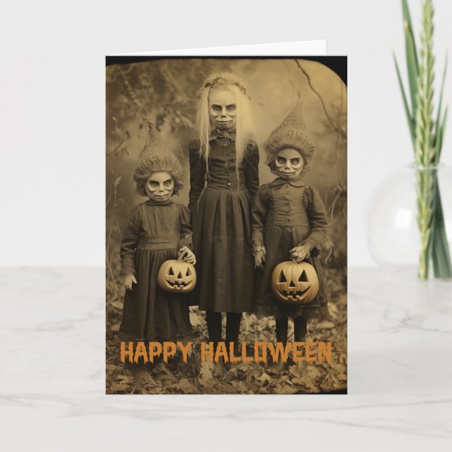 Retro Halloween-kräftbarn med karvpumpor Helgkort (Framsida)
