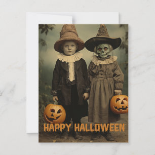 Retro Halloween-kräftbarn med karvpumpor Vykort