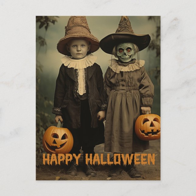 Retro Halloween-kräftbarn med karvpumpor Vykort (Framsida)
