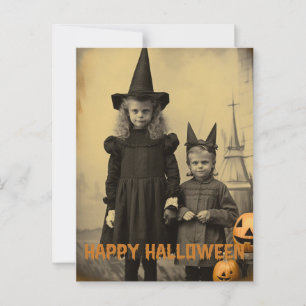 Retro Halloween-kräftbarn med karvpumpor Vykort