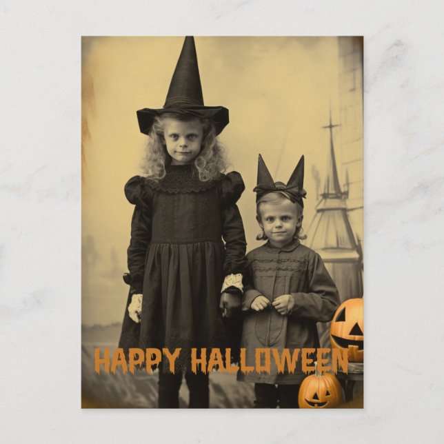 Retro Halloween-kräftbarn med karvpumpor Vykort (Framsida)