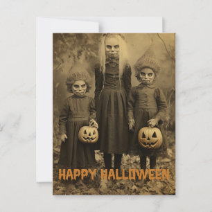 Retro Halloween kusliga barn med utskurna pumpor Vykort