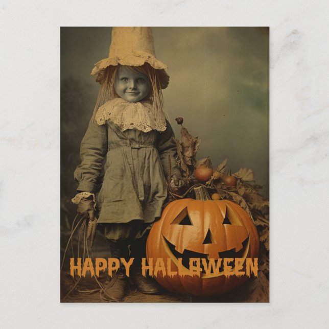 Retro Halloween kusliga barn med utskurna pumpor Vykort (Framsida)