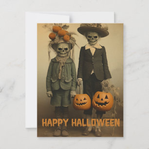 Retro Halloween kusliga barn med utskurna pumpor Vykort