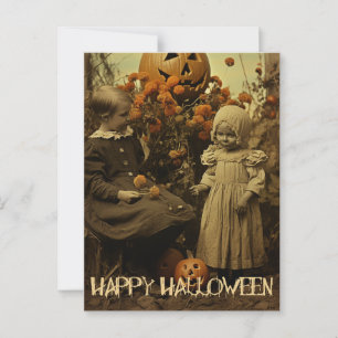 Retro Halloween kusliga flickor med utskurna pumpa Vykort