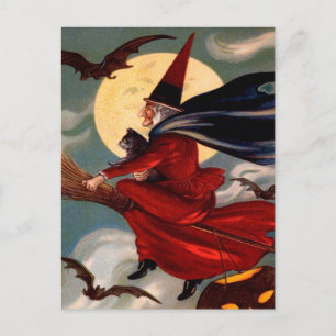 Retro Halloween Kvast Häxa Postkort Vykort