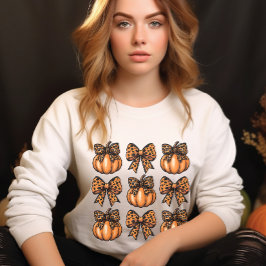 Retro Halloween Leopart Bow & Pumpkin Coquette T Shirt