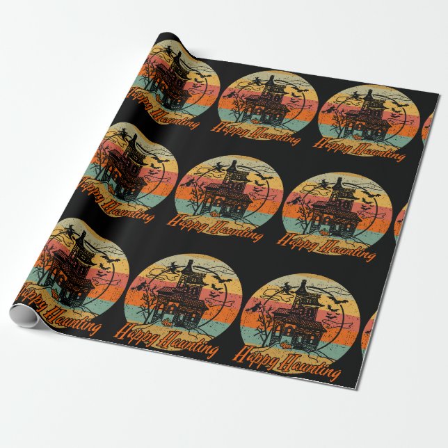 Retro Halloween Lycklig Haunting Haunting House Presentpapper (Utrullad)