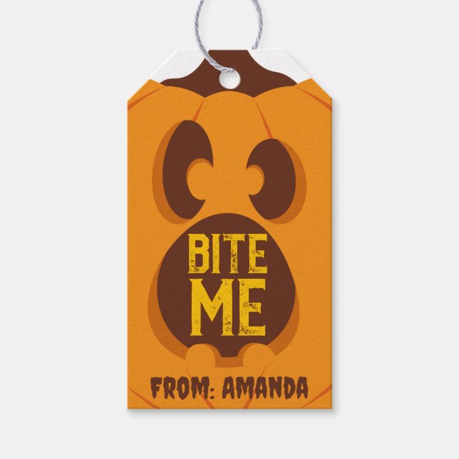 Retro Halloween Pumpkin Bita Me Spooky Orange Ansi Presentetikett (Framsidan)