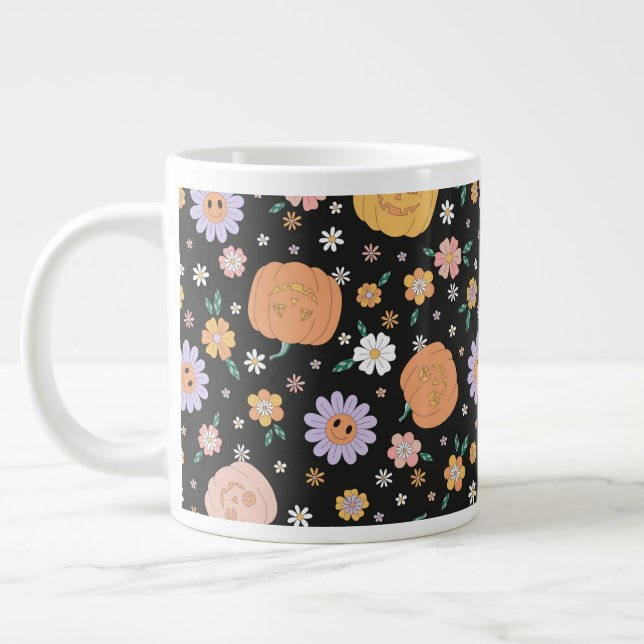 Retro Halloween Pumpkins och Flowers Mönster Jumbo Mugg (Vänster)