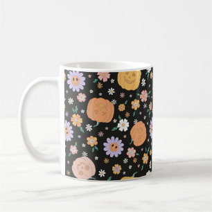 Retro Halloween Pumpkins och Flowers Mönster Kaffemugg