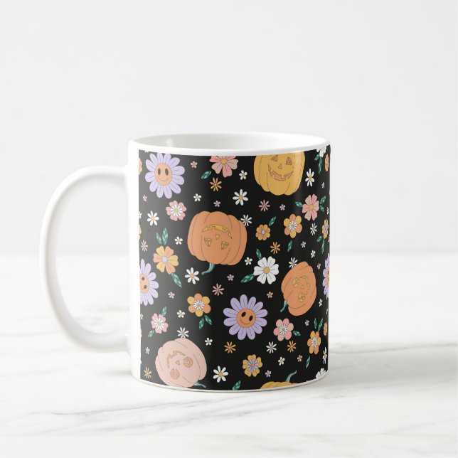 Retro Halloween Pumpkins och Flowers Mönster Kaffemugg (Vänster)