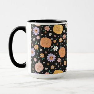 Retro Halloween Pumpkins och Flowers Mönster Mugg