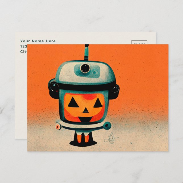 Retro Halloween Robot 002 ・ Cute Anpassningsbar Ki Vykort (Fram/baksida)