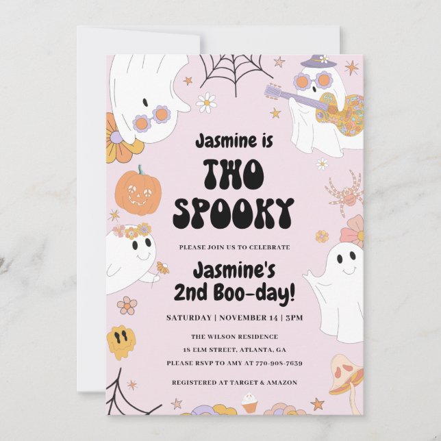 Retro Halloween Rosa 2:a födelsedagsinbjudan Inbjudningar (Framsida)