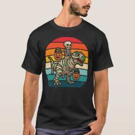Retro Halloween Skeleton Riding Mummy T-Rex T Shirt