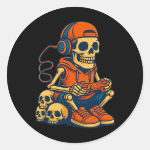 Retro Halloween skelett Gamer Video spelande pojka Runt Klistermärke