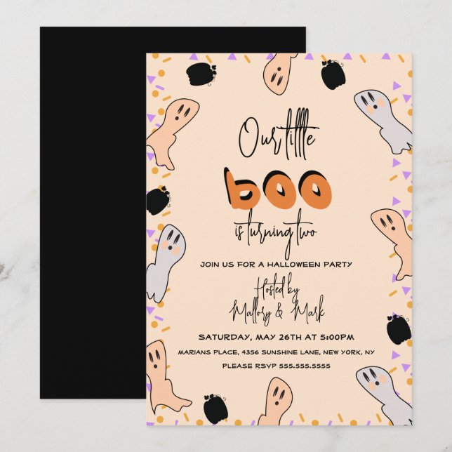 Retro Halloween-spöke Vår lilla Boo-konfetti Inbjudningar (Fram/baksida)