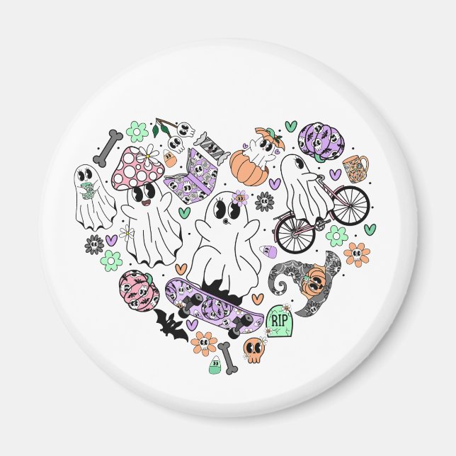 Retro Halloween Spöken och Pumpkin Heart-form Magnet (Framsidan)