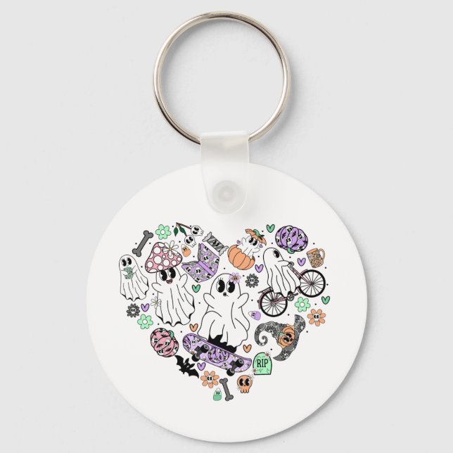 Retro Halloween Spöken och Pumpkin Heart-form Nyckelring (Framsida)
