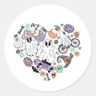 Retro Halloween Spöken och Pumpkin Heart-form Runt Klistermärke