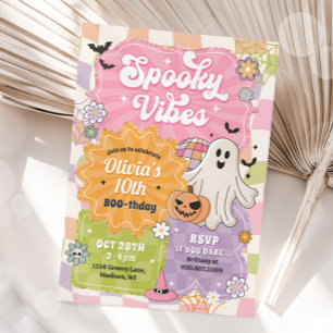 Retro Halloween Spooky Vibes Ghost Birthday Girl Inbjudningar