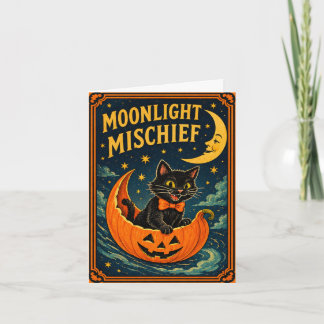 Retro Halloween Svart Katt & Måne  Helgkort