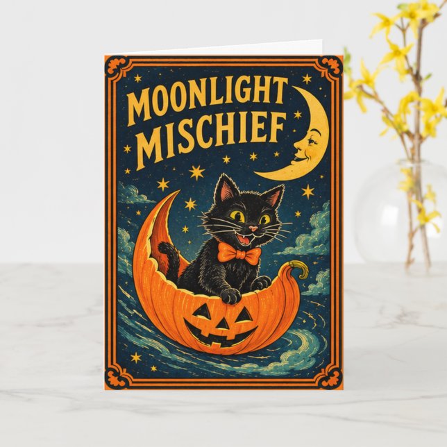 Retro Halloween Svart Katt & Måne  Kort (Gul blomma)
