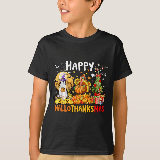 Retro Halloween Thanksgiving Christmas Happy Hallo T Shirt (Framsida)
