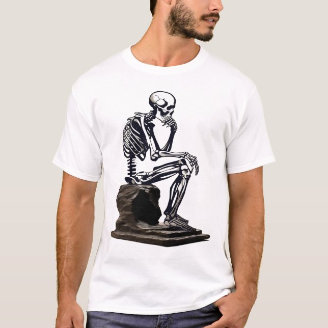 Retro Halloween "the thinker"-skelettmästerverk T Shirt (Framsida)