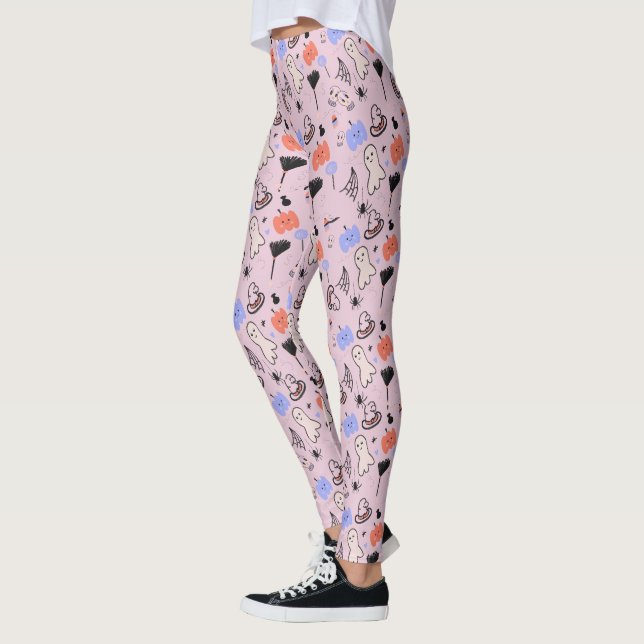 Retro Halloween Vintage-tema Doodles Rosa  Leggings (Vänster)