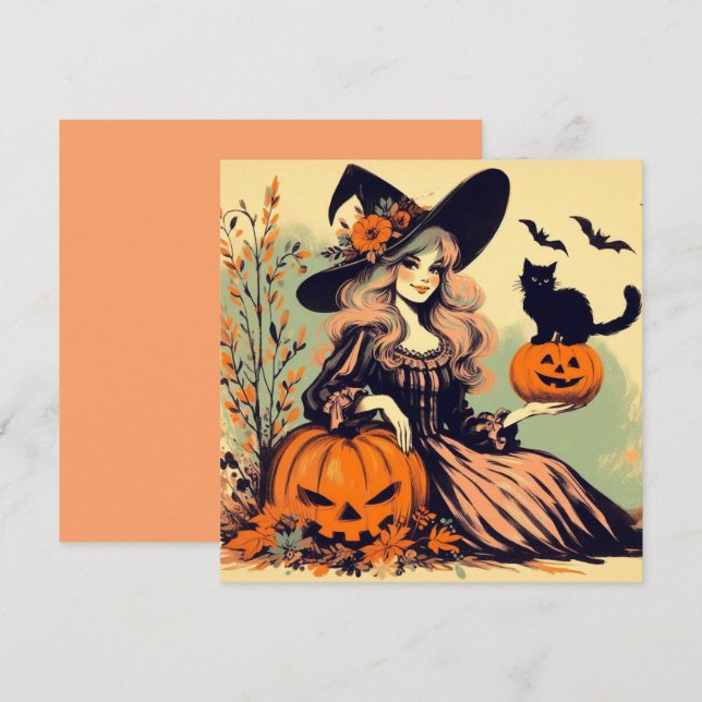 Retro Halloween Witch med Black Cat och Pumpkin Kort (Fram/baksida)