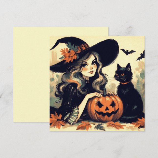 Retro Halloween Witch med Black Cat och Pumpkin Kort (Fram/baksida)