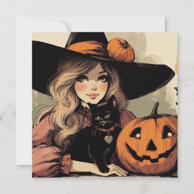 Retro Halloween Witch med Black Cat och Pumpkin Kort (Framsida)