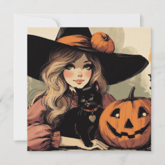 Retro Halloween Witch med Black Cat och Pumpkin Kort