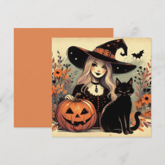 Retro Halloween Witch med Black Cat och Pumpkin Kort